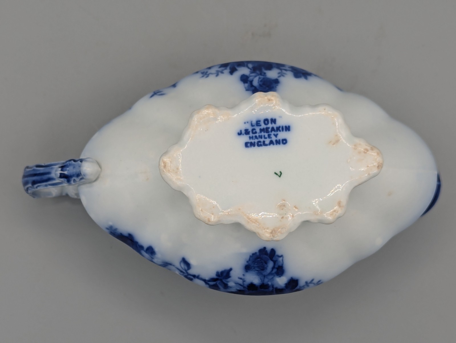 Antique J&G Meakin "Leon" Flow Blue Gravy Boat, Stamped, Excellent Condition