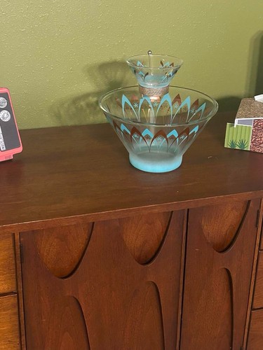 Anchor Hocking Blendo Atomic Turquoise Gold 1960s Chip & Dip Set Mid Century MCM