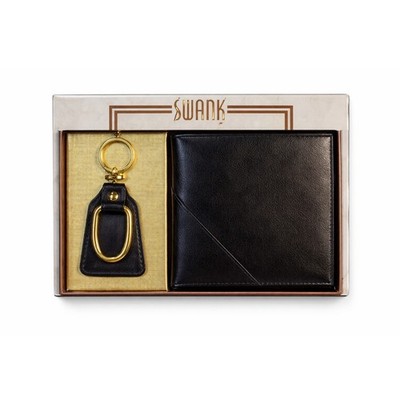 Vintage SWANK Mens Wallet Keychain Set Black Leather Gift Box NOS Classic USA