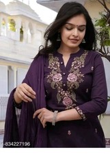 Women Purple Embroidered Kurta Pant Set Chiffon Dupatta Indian Ethnic Up to 3XL.