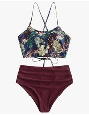 ZAFUL Women's High Waisted Bikini Set Crisscross Tankini Swimsuit - Plum Pie - S