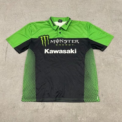 Kawasaki Monster Energy Polo Shirt Men XL Black Green Graphic y2k Short Sleeve