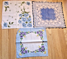 3-pc Set of Vintage Cotton Hankies Handkerchiefs Blue Theme Scalloped