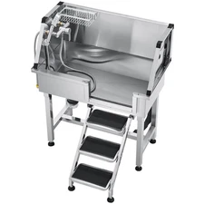 34" Stainless Steel Pet Cat Dog Grooming Bath Tub w/ Stairs & Faucet 220 lbs