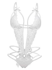 Women's Deep V Lace Teddy One Piece Lingerie Cutout Strappy Medium White