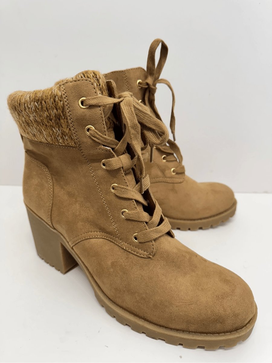 Sun Stone Hiker Boots Size 10 Lace Up Tan Chunky Block Heel Booties NEW