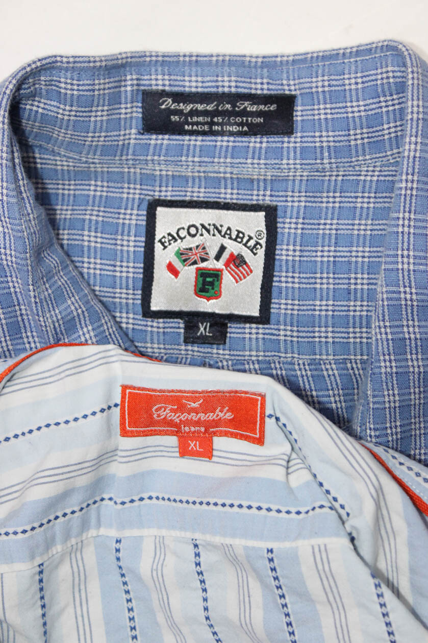 Faconnable Mens Plaid Striped Button Down Shirts Blue Size Extra Large