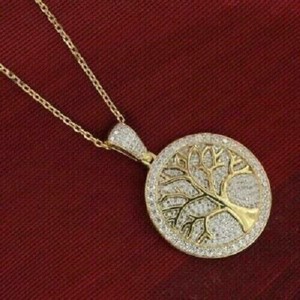 Authentic 2.00 Ct Simulated Diamond Life of Tree Medallion Pendant 14k Yellow Gold Plated