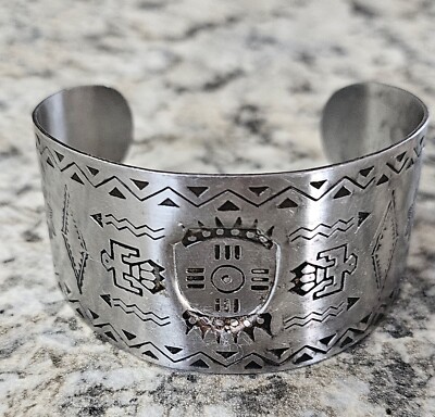 Vintage Southwestern style Wide Cuff Bracelet, Stainless steel,  Signed Japan