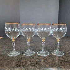 Vintage Bohemia Set 4 Wine Glasses Crystalex gold copper trim formal