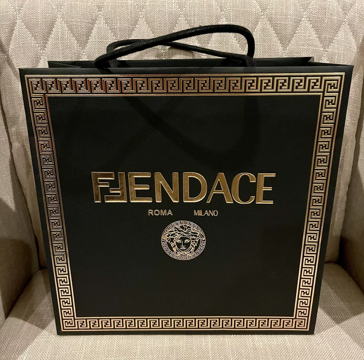 Fendace Fendi Versace 14 x 13 x 5 Empty Black Gold Logo Shopping Gift Paper  Bag