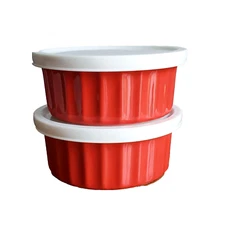 Housewares International FUEGO Ribbed Ramekin w/ Lid 8 oz Set of 2 Red Ceramic