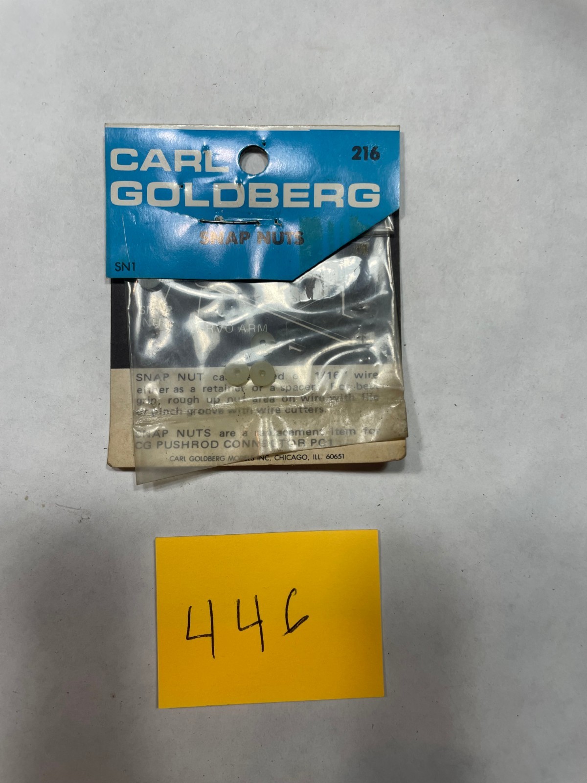 VINTAGE  R/C AIRPLANE, CARL GOLDBERG, SN1 SNAP NUTS- BE USED ON 1/16" WIRE  #216