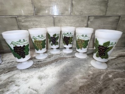 Anchor Hocking Harvest Grape Design Milk-Glass Goblets Circa 1950s Rare Painted