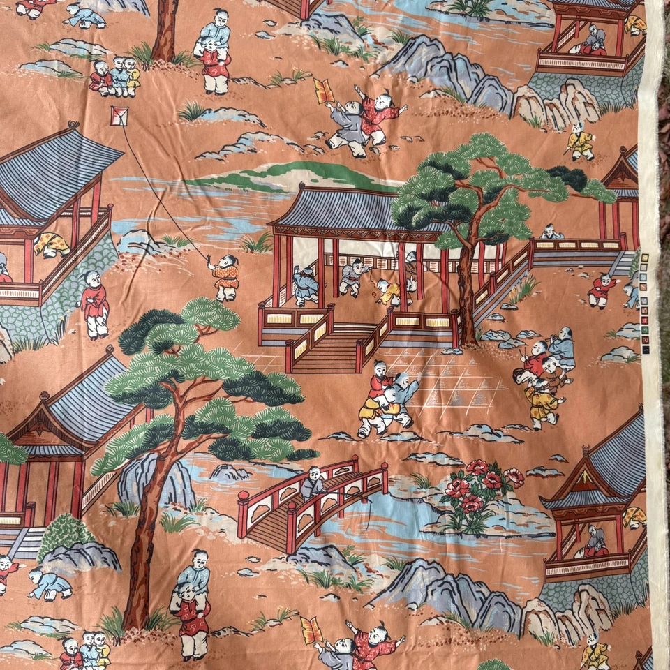Vintage Cotton Chintz Fabric 7 5/8 yds 101 Children Peach Upholstery Drapes - Image 4 of 4