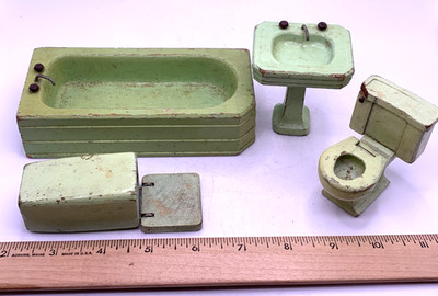 Vintage Strombecker Wooden Bathroom Set Pastel Green Dollhouse Furniture