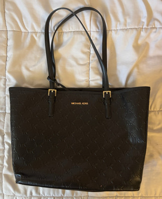 Michael Kors Black Logo Monogram Zip Tote w/ Detachable Strap, Gold Hardware