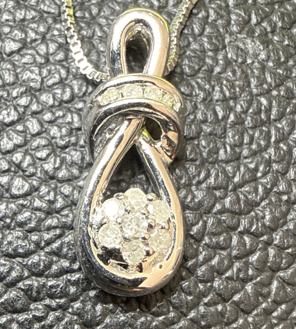 Solid Sterling Silver Diamond Cluster Pendant & N… - image 1