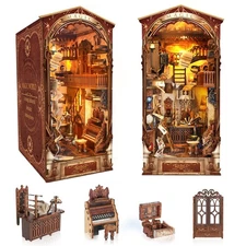 Book Nook Kit DIY 3D Wooden Puzzle w/LED Light Dust Baffle Bookshelf InsertDecor