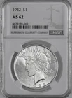 1922-P  $1 PEACE SILVER DOLLAR  "PHILADELPHIA MINT"  NGC MS62 #8678139-069