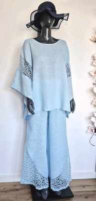 Damen Leinen 2-Teiler Hose + Oberteil Set Sommeranzug  42 44   XL  XXL