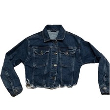 Aeropostale Jean Jacket Cropped Raw Hem Dark Wash Size Small Distressed Denim