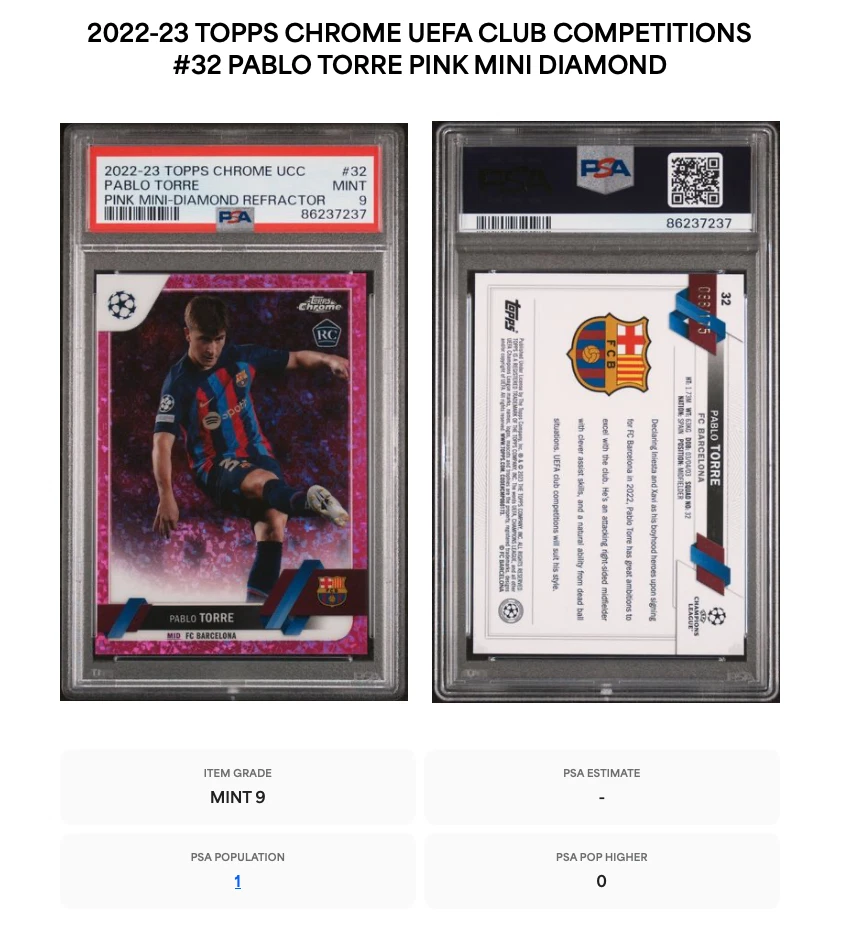 PABLO TORRE * PSA 9 * PINK MINI-DIAMOND /175 * 2022-23 TOPPS CHROME BARCA ROOKIE - Image 3 of 3