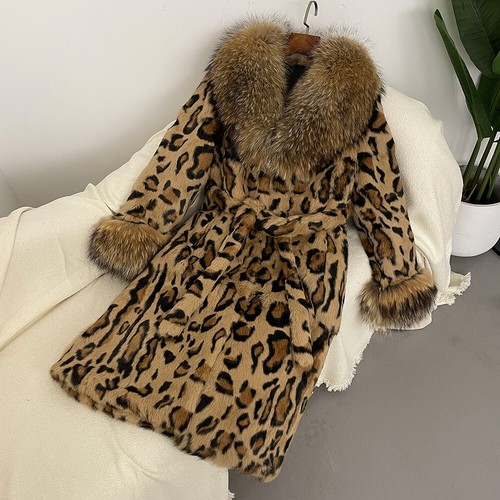 Chaqueta de piel de conejo real estampada de leopardo para mujer abrigos con cinturón cuello de piel de zorro trinchera - Imagen 13 de 23