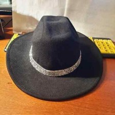WMN Fashionable Western Cowboy Hat W Upturn Brim  Shiny Belt Black Suede One Sz