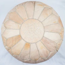 Cream Moroccan Leather Pouf – Handmade Ottoman Footstool – Genuine Leather Boho