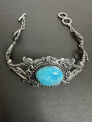 STERLING SILVER TURQUOISE FLOWER DESIGN BBJ TOGGLE BRACELET Adj.Bangkok Ratnaraj - Picture 3 of 5