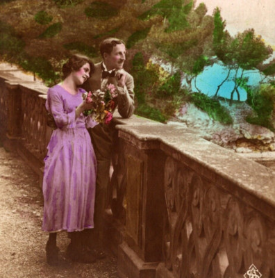 Lovers Admire View Together Woman Holds Flowers Color Tinted ANTIQUE Postcard