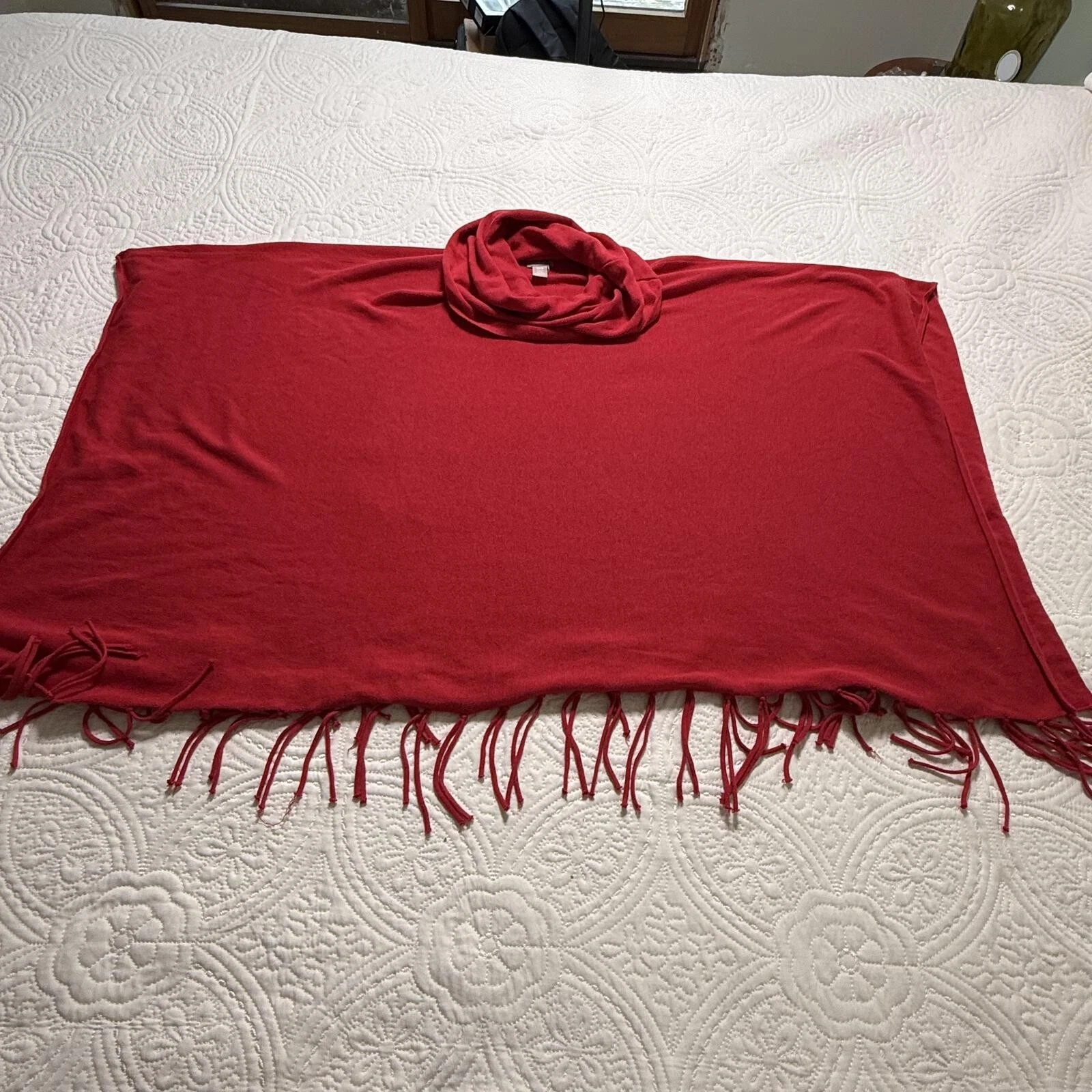 CHICO's Red Poncho Cashmere Blend Fringe OneSize Fits All Quiet Luxury CabinCore