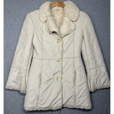Next Petite Womens Cream Faux Suede Shearling Fur Lined Coat Made in Italy UK 8