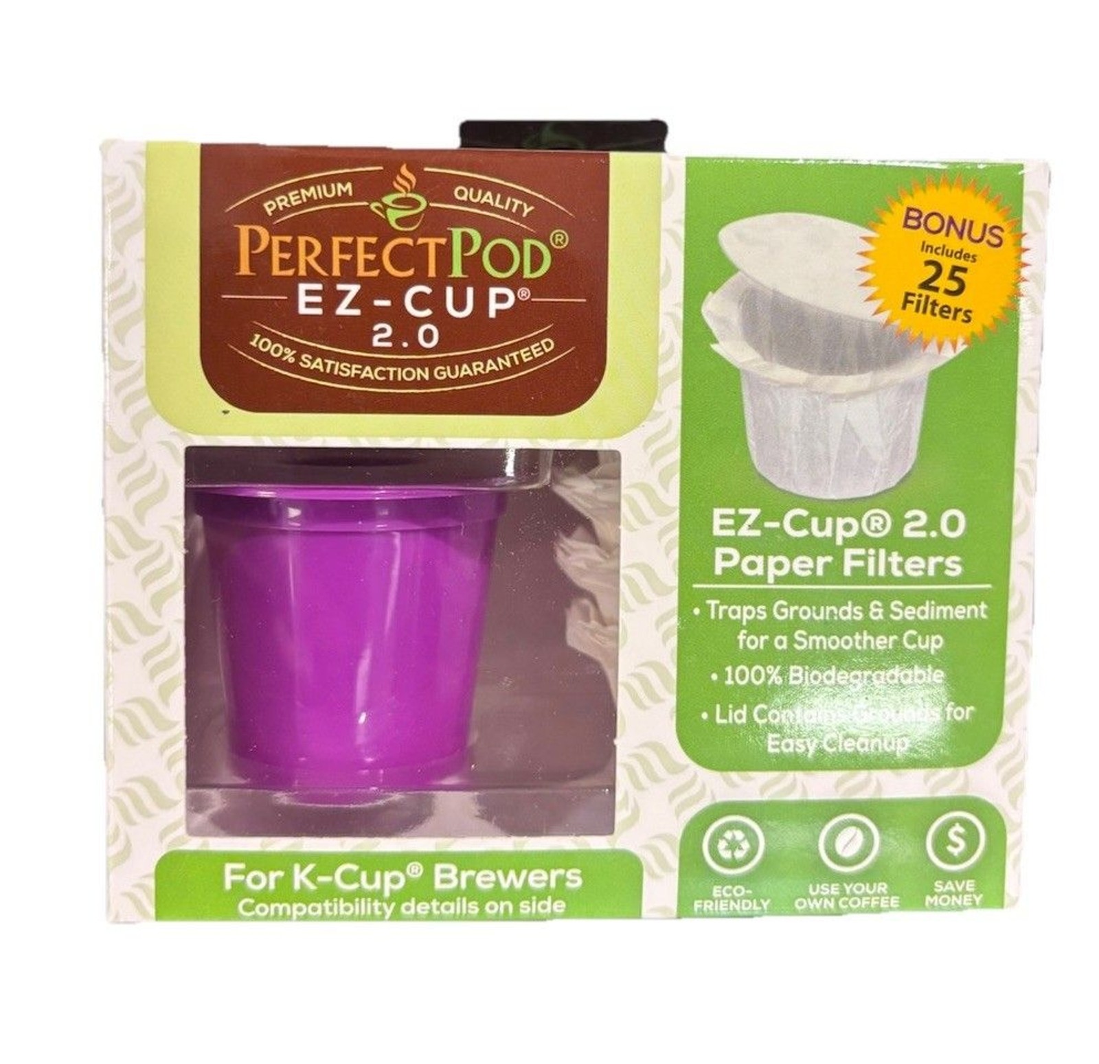 New Perfect Pod EZ-Cup 2.0 Reusable Filter w/ 25 Disposable Paper Filters K Cup