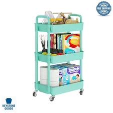 3-Tier Green Mobile Utility Storage Cart with Wheels & Labels