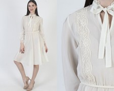 Vintage Sheer Cream Secretary Dress Cocktail Party Plain Monochrome Knee Length