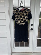Carina Vintage Large Silk Sequin Beaded Black Gold Short Sleeve Cocktail Dress