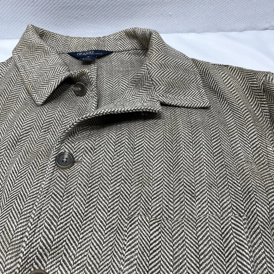VTG Polo Ralph Lauren Rare Herringbone Linen Coat Cardigan Large Made USA Stains - Image 3 of 4
