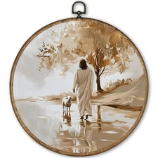 Christian Jesus and the Lost Lamb Round Wall Art Decor 10x10, Vintage Christi...