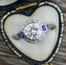 2.Ct Round Lab-Created Diamond Art Deco Style Sapphire Accent Ring in 925 Silver