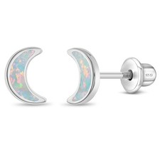 Opal Crescent Moon Children's / Girls Earrings Screw Back - Sterling Silver