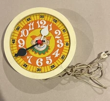 Spartus Hanging Wall Time Clock Bozo Clown Retro Yellow / Orange Plastic USA