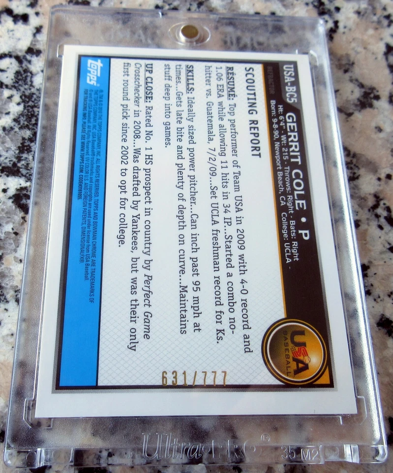 GERRIT COLE 2010 Bowman Chrome Refractor SP #1 Draft Pick Rookie Card RC /777 $$ - Image 3 of 3