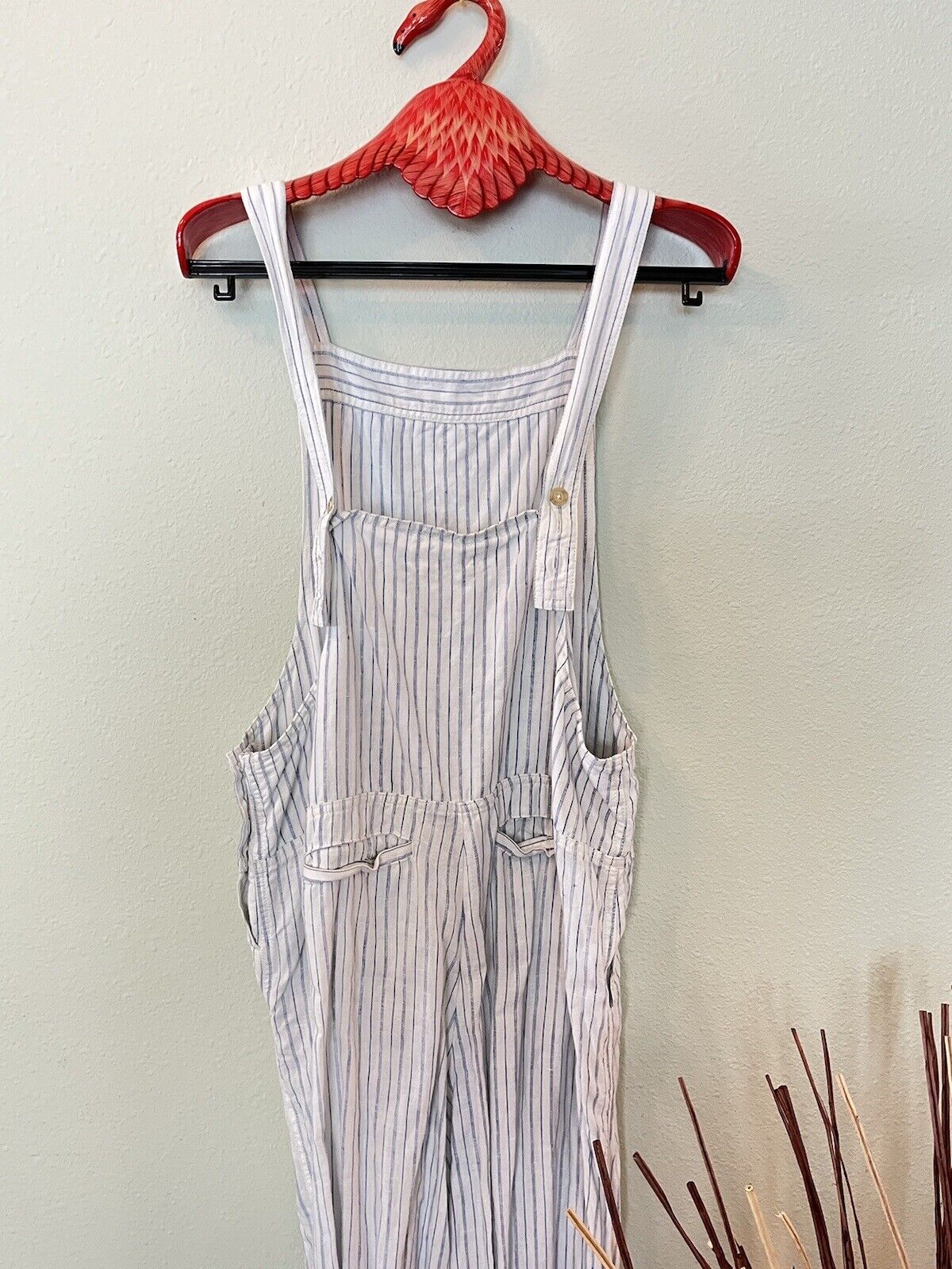 Lou & Grey Large linen Pin Striped overalls Cream… - image 8