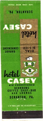 Hotel Casey Scranton PA Vintage Matchbook Cover 1950s Hotel Restaurant