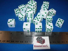 WHITE DICE w/ GREEN PIPS 16mm (24 PACK) BUNCO PARTY FREE SHIPPING 
