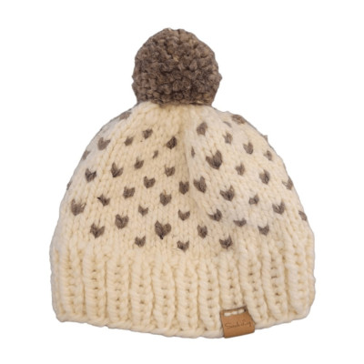 Sarah Liz Women’s  Cream/Gray Knit Beanie w Pom-Pom and Logo Patch EUC sz OS pom-pom-knit-cap-dark-heather-  main image 4