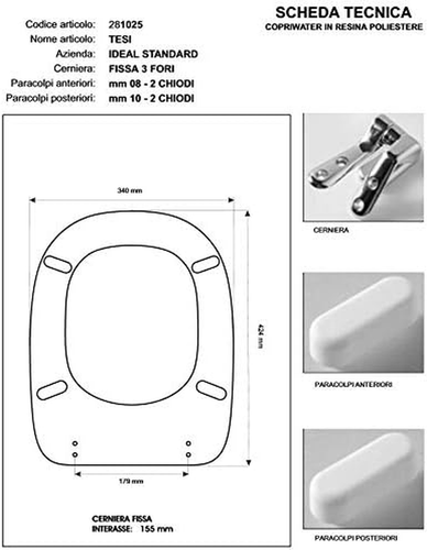 Copriwater Ideal Standard TESI BIANCO EURO Cerniera Cromo-Sedile-Asse Wc - Foto 2 di 12