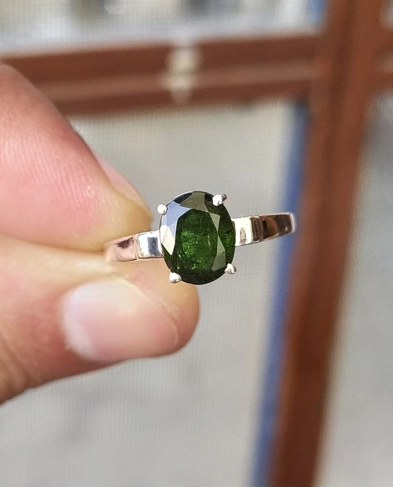 Anillo solitario de turmalina verde plata de ley 925 - anillo de aniversario para mujer Foto 3 de 4
